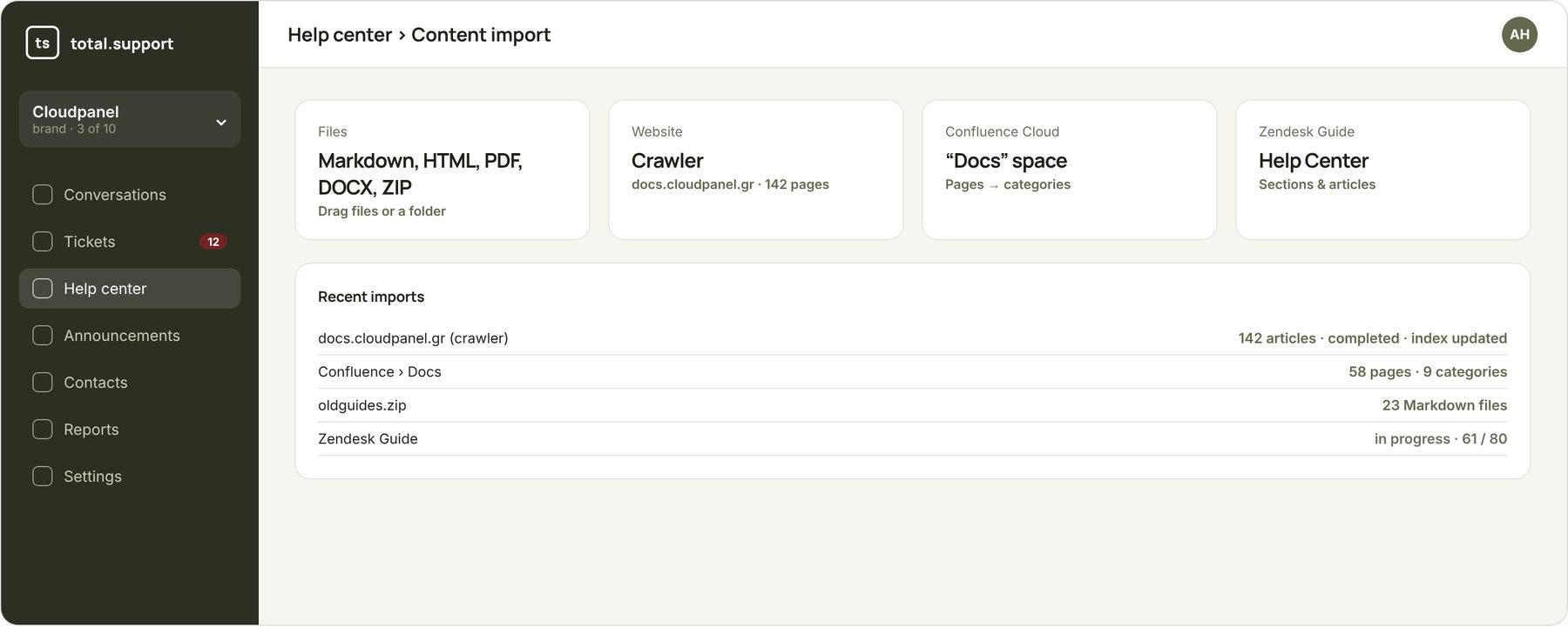 Content import page: files, crawler, Confluence, Zendesk