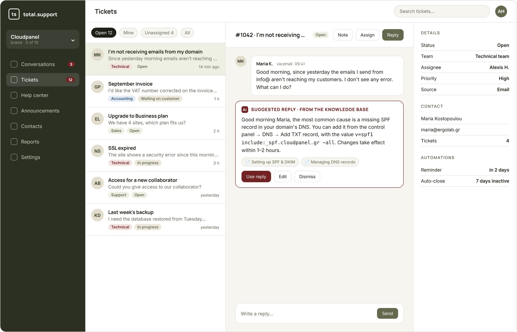 Ticket list with department tags and an AI reply suggestion with citations