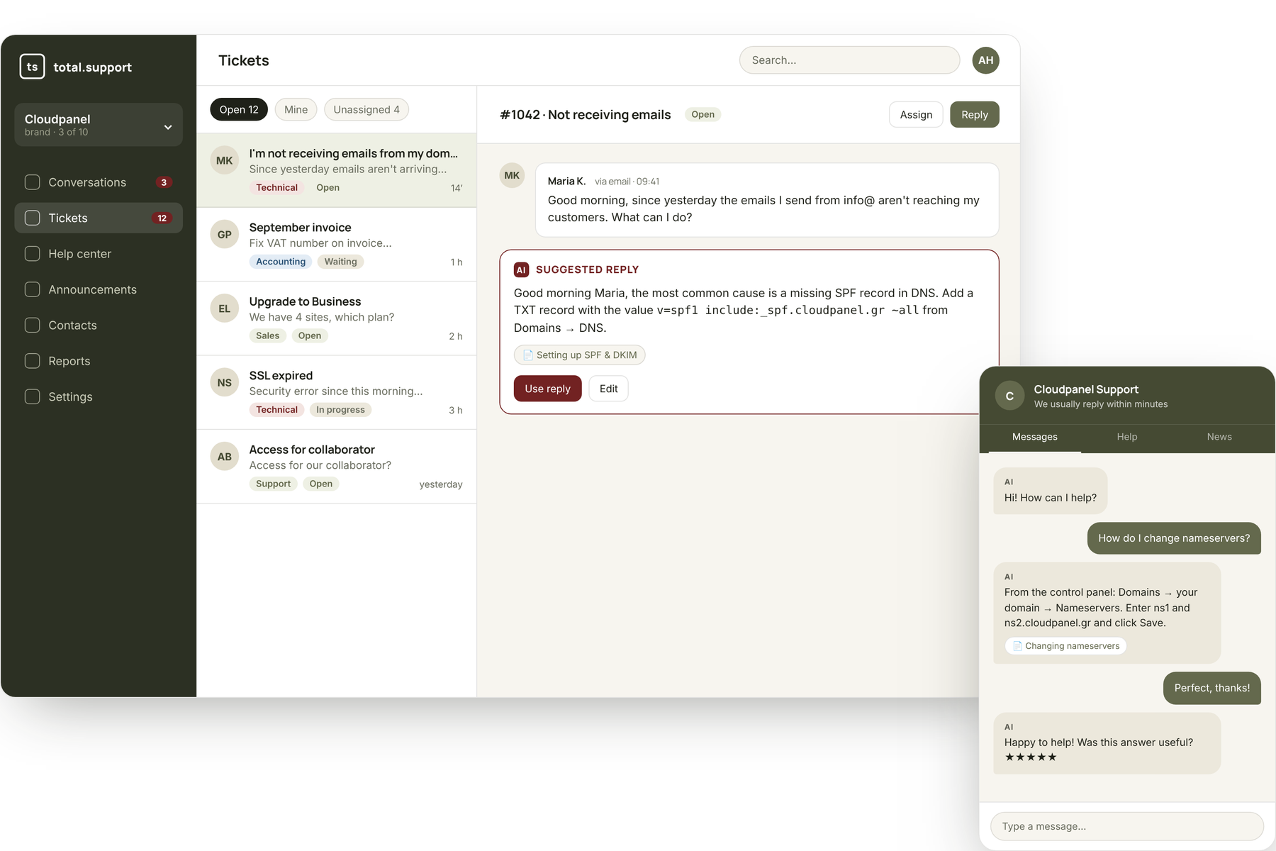 The total.support app: ticket list with an AI reply suggestion, and the live chat widget on a website