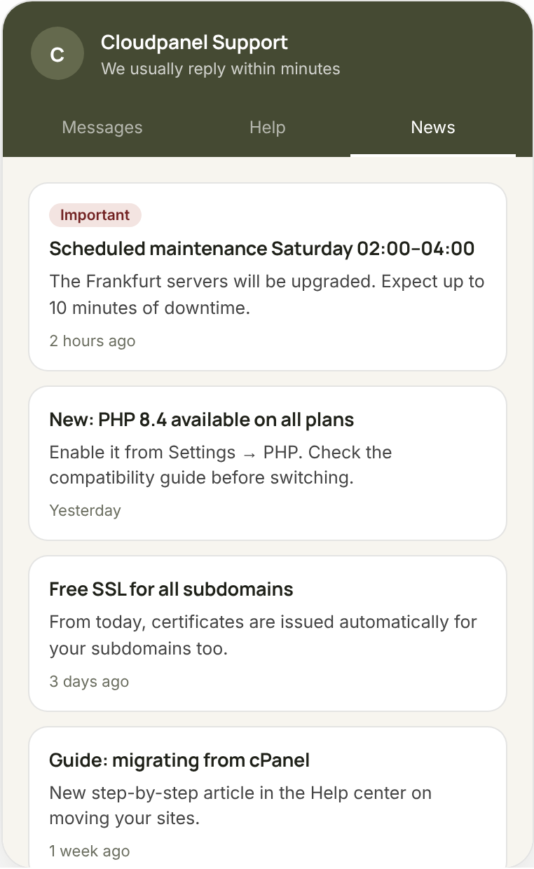 The widget's News tab with maintenance and new-feature announcements